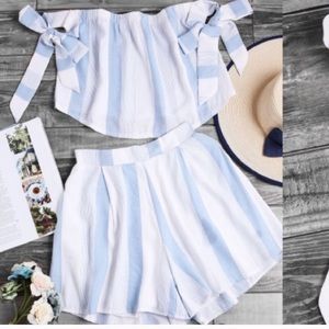 Blue and white stripped two piece romper NWOT